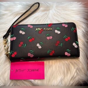 NEW‼️Betsey Johnson Black and Red and Pink Cherry Embroidered Wristlet Wallet